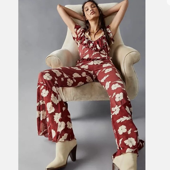 Free People Austyn One Piece Flare Leg Jumpsuit Floral Ruffle size Large - Picture 5 of 16